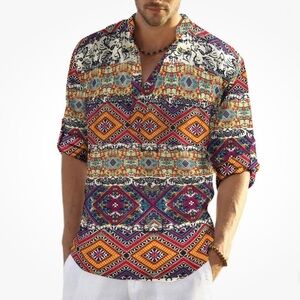 Coofandy Colorfull Artsy Tribal print long Sleeve Short Hemp Blend Henley